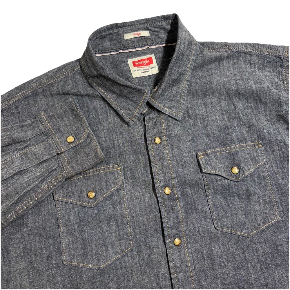 Wrangler Pearl Snap Indigo Denim Shirt Mens 2XL Blue Jean Western Cowboy Pockets